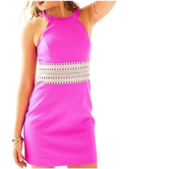 Lilly Pulitzer Ashlyn Hot Pink Magenta Gold Embellished Shift Halter Dress Sz. 0 - Picture 7 of 9